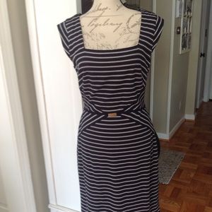 Ann Taylor black white tan stripe dress size 10